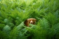 dog in the fern. Nova Scotia Duck Tolling Retriever in the forest. Tropics. Traveling with your pet Royalty Free Stock Photo
