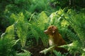 dog in the fern. Nova Scotia Duck Tolling Retriever in the forest. Tropics. Traveling with your pet Royalty Free Stock Photo