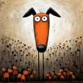 Whimsical Orange Dog Painting In The Style Of Primitive Art