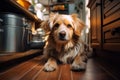 A dog finds comfort, sitting calmly on the kitchen floor