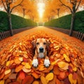 Dog finds playful moments in a pile of autumnal leaves