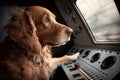 a dog in a flight simulator, learning how to fly a plane Royalty Free Stock Photo