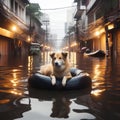A dog floats on a raft along the street of a flooded city.