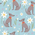 Dog and flower seamless patter. Cute background.