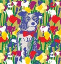 Dog in flowers happy animal nature.