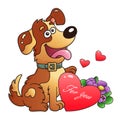 Dog with flowers and heart isolated on white background. Greeting card. Birthday. Valentine`s day. For kids