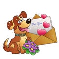 Dog with flowers and letter isolated on white background. Greeting card. Birthday. Valentine`s day. For kids