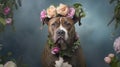 Dog with flowers. Portrait of bull Arab dog with flower crown. Royalty Free Stock Photo