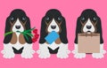 Dog with flowers tulips, envelope and paper bag. Paper art. Royalty Free Stock Photo