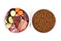 Dog food comparison with bowl with raw meat and vegetables, fish and fruits next to bowl with dried fodder kibbles