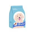 Dog food pack. Canine animal feed package. Pet product, veterinarian dry treat in bag, sack, packet. Puppy snack in