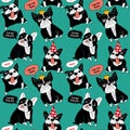 Dog French bulldog happy animals color seamless pattern.