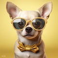 dog cute puppy portrait yellow background animal space chihuahua copy pet glasses. Generative AI. Royalty Free Stock Photo