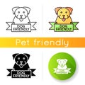 Dog friendly area icon. Puppy permitted zone mark. Domestic animals allowed territory, grooming, pets welcome