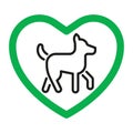 Dog friendly, pet allowed, sign love animal. Dog favorite. Canine in green approved heart. Vector