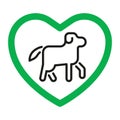 Dog friendly, pet allowed, sign love animal. Dog favorite. Canine in green approved heart. Vector