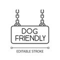 Dog friendly territory pixel perfect linear icon. Doggy allowed area chain hanging plate. Thin line customizable