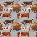 Dog friends are harvesting. Basset Hounds are driving a cart of pumpkins. Delicate seamless pattern.