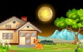 Dog in Front of Wood House In GRass Field With Moonlight And Mountain Range Background Cartoon