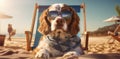 dog pet summer beach chair lazy vacation relax sunglasses funny. Generative AI.