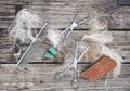 Dog fur with pet grooming equipments, top view Royalty Free Stock Photo