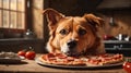 The dog gazes longingly at the pizza resting on the table, its expression a mix of sadness and hunger. Generative AI