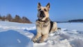 Dog German Shepherd on a big field in a winter day and white snow arround. Waiting eastern European dog veo Royalty Free Stock Photo