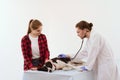 Dog getting checked at vet clinic with thir owner. Royalty Free Stock Photo