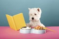 A dog with glasses reads a book and eats corn flakes and milk for breakfast. Morning dog West Highland White Terrier Royalty Free Stock Photo