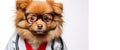 A dog with glasses, with a stethoscope in a red jacket and a doctor& x27;s suit against the background white. Royalty Free Stock Photo