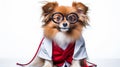 A dog with glasses, with a stethoscope in a red jacket and a doctor& x27;s suit against the background white. Royalty Free Stock Photo