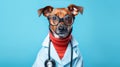 A dog with glasses, with a stethoscope in a red jacket and a doctor& x27;s suit on a blue background. Royalty Free Stock Photo