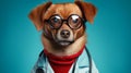 A dog with glasses, with a stethoscope in a red jacket and a doctor& x27;s suit on a blue background. Royalty Free Stock Photo