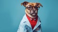 A dog with glasses, with a stethoscope in a red jacket and a doctor& x27;s suit on a blue background. Royalty Free Stock Photo