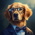 Dog In Glasses And Suit: A Nostalgic Speedpainting In Gold And Blue