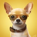 puppy dog cute glasses portrait chihuahua animal canino yellow pet background. Generative AI.