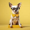 dog pet portrait glasses animal background yellow cute chihuahua funny puppy. Generative AI.