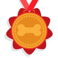 Dog gold medal. prize with red ribbon with a picture of a bone and foot marks