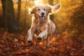 Dog, golden retriever jumping through autumn leaves in autumnal sunlight. Ai generative Royalty Free Stock Photo