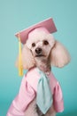 Dog in graduation cap and gown. Realistic poodle portrait. Generative AI