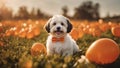 dog in the grass A cheerful Havanese puppy wearing a tiny orange bow tie, sitting on a grassy knoll, Royalty Free Stock Photo