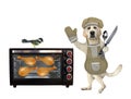 Dog in green hat cooks chicken in oven Royalty Free Stock Photo