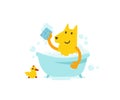 Dog grooming. Bathing time. Canine hygiene. Cute dog taking a bath. Vector cartoon illustration