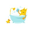 Yellow dog grooming. Hygiene Cute dog taking a Canine bath. Vector cartoon style illustration