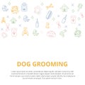 Dog grooming Line art banner with sign of dog, bone, clipper, comb. Stylish animal equipment for your promo design