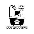 Dog grooming logo design template. The dog is washing in the bathtub. Vector clipart and drawing. Isolated illustration.