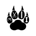 Dog grooming logo design template. Dog pawprint with comb, scissors, shower and bone. Vector clipart and drawing.