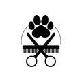 Dog grooming logo design template. Dog pawprint with comb and scissors. Vector clipart and drawing. Isolated illustration. Royalty Free Stock Photo