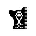 Dog grooming logo design template. Dog pawprint with comb silhouette and scissors. Vector clipart and drawing. Royalty Free Stock Photo