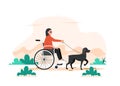 A dog the guide and a disabled person in a wheelchair. Walking disabled woman with Seeing Eye dog vector illustration.